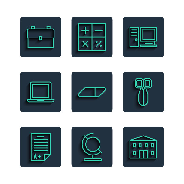 设置线考试表与A +成绩，地球，学校建筑，电脑显示器，橡皮擦橡胶，笔记本电脑，背包和剪刀图标。向量图片下载