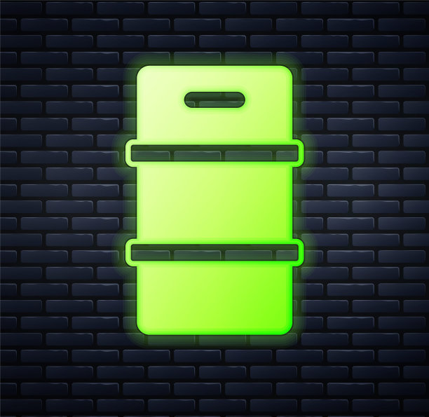 发光的霓虹灯金属啤酒桶图标孤立的砖墙背景。向量图片下载
