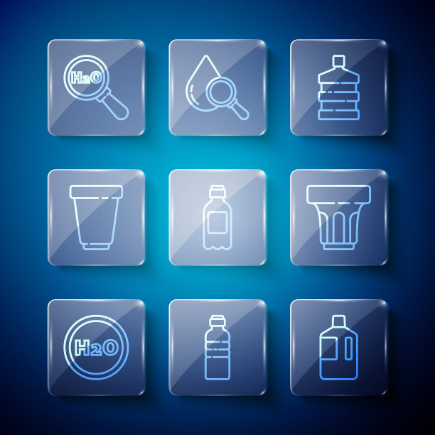 设置化学式水，瓶装水，大瓶清洁，水过滤筒，和玻璃图标。向量图片下载