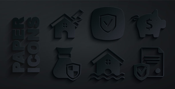 设置房子洪水，储蓄罐，钱袋与盾牌，合同，盾牌和闪电图标。向量图片下载