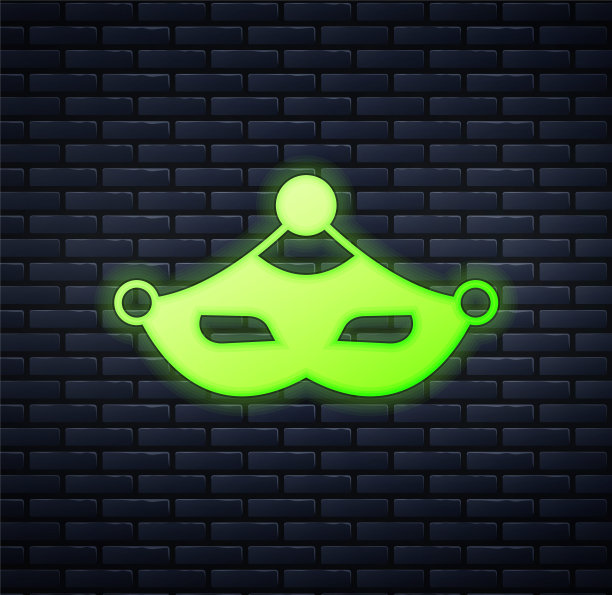 发光的霓虹灯嘉年华面具图标孤立的砖墙背景。化妆舞会面具。向量图片下载