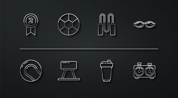 集线奖章，棒球，眼镜游泳，健身摇床，鞍马，足球，时间国际象棋时钟和跳绳图标。向量图片下载