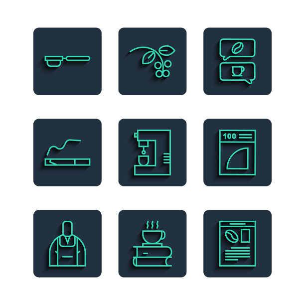 设置线咖啡师，咖啡杯和书，报纸咖啡，谈话，机器，香烟，过滤器支架和图标。向量图片下载