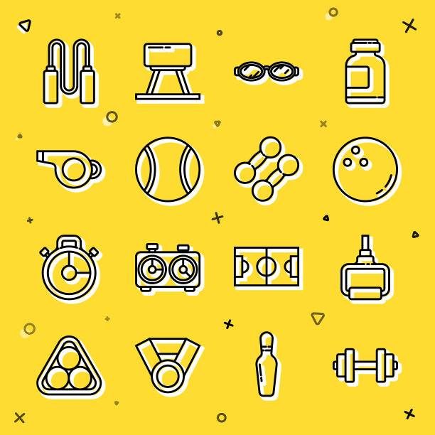 集线哑铃，TPX环训练设备，保龄球，眼镜游泳，网球，哨子，跳绳和图标。向量图片下载