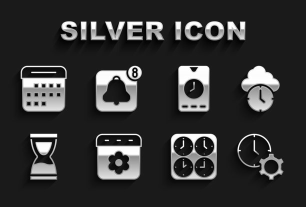 设置日历弹簧，时钟，时间管理，区域时钟，旧沙漏，闹钟应用程序移动，和图标。向量图片下载