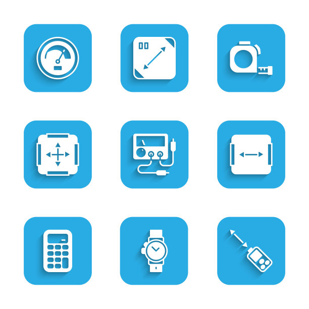 设置万用表，电压表，腕表，激光测距仪，面积测量，计算器，轮盘赌建设和速度表图标。向量图片下载