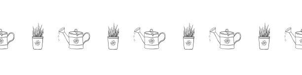 镶边、缎带、水罐、花盆。矢量轮廓无缝图案，装饰，装饰元素，装饰主题为家庭，花园种植和照顾植物图片下载