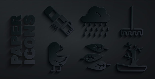 集叶或叶，花园耙，小鸡，光秃秃的树，云与雨和冬季围巾图标。向量图片下载