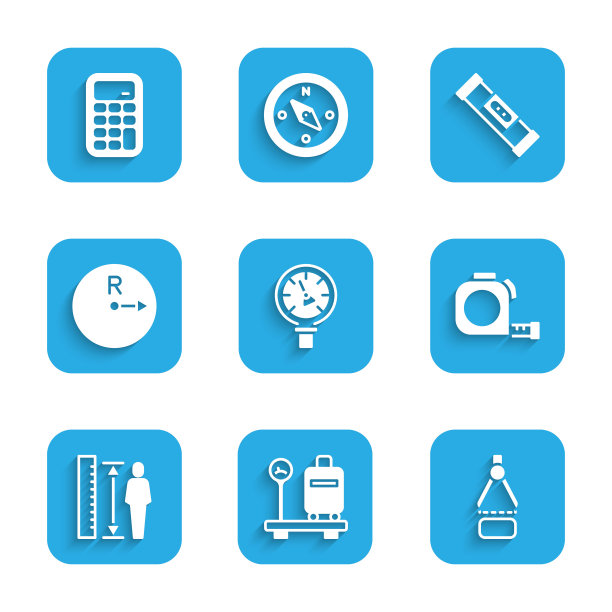 设置压力水表，皮箱刻度，绘制指南针，轮盘赌施工，测量高度体，半径，施工气泡水平和计算器图标。向量图片下载