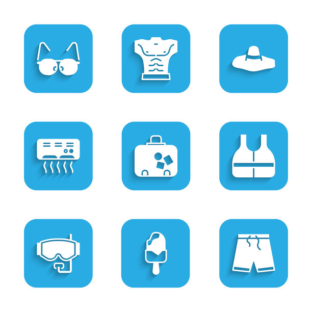 集行李箱，冰淇淋，泳裤，救生衣，潜水面罩，空调，优雅的妇女帽子和眼镜图标。向量图片下载