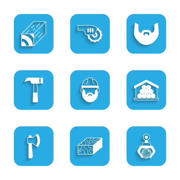 集伐木工人，木梁，抓斗起重机抓原木，原木，斧头，锤子，胡子和胡子和图标。向量图片下载