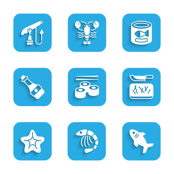 集寿司，虾，鲨鱼，砧板和刀，海星，酱油瓶，罐头和钓鱼鱼叉图标。向量图片下载