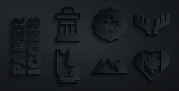 集山，鹿角，冰鞋，心形加拿大国旗，加拿大枫叶和因努克舒克图标。向量图片下载