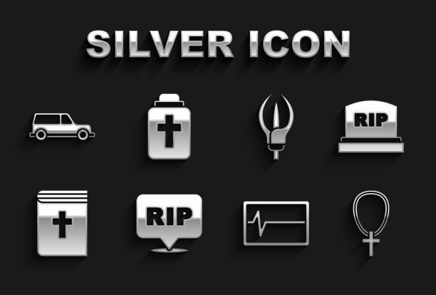 集演讲泡沫撕裂死亡，墓碑与rip写，基督教十字架链，殴打死亡监视器，圣经书，百合花，灵车和葬礼骨灰盒图标。向量图片下载