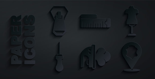 集电熨斗，人体模型，锥子工具，皮革，卷尺和拉链图标。向量图片下载