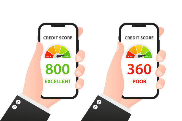 不良和良好的信用评分在线上的智能手机矢量插图，平面卡通手机与信用记录文件，手机与个人财务评级数据。矢量图图片下载
