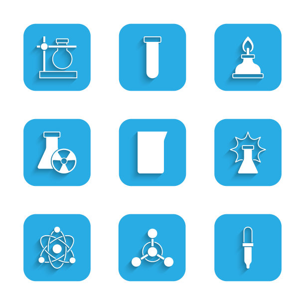 设置实验室玻璃器皿或烧杯，分子，移液器，化学爆炸，原子，试管辐射，酒精燃烧器和烧瓶站图标。向量图片下载