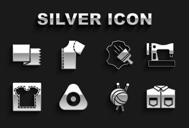 集缝纫粉笔，机器，衬衫，纱线球与针织针，图案，皮革，纺织织物卷和图标。向量图片下载