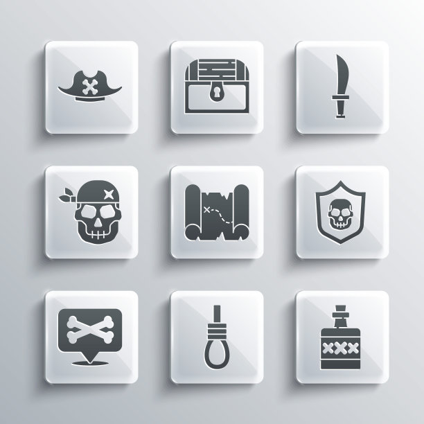 设置绞刑架绳环挂，酒精饮料朗姆酒，盾牌与海盗头骨，海盗藏宝图，位置，头骨，帽子和剑的图标。向量图片下载