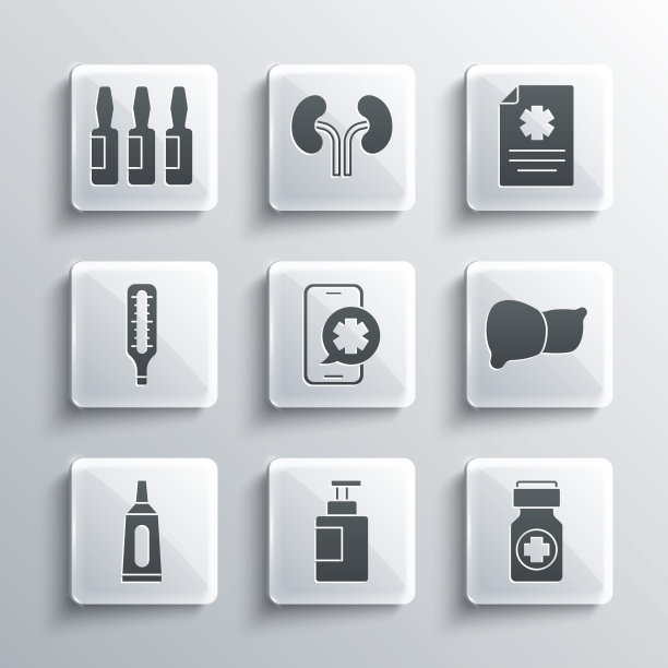 设有洗手液瓶，药品丸剂，人体器官肝脏，紧急电话，药膏膏管药品，医用温度计，小瓶，安瓿和临床记录图标。向量图片下载