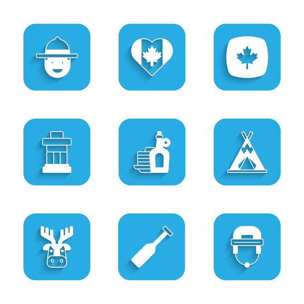 设置糖浆煎饼，桨，曲棍球头盔，印第安帐篷或棚屋，鹿头鹿角，因努克shuk，加拿大枫叶和护林员帽子图标。向量图片下载