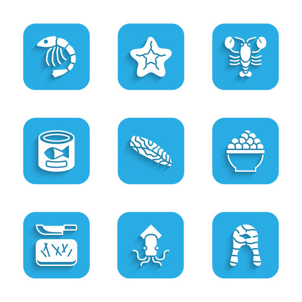 集鱼牛排，章鱼，鱼子酱，砧板和刀，罐头鱼，龙虾和虾图标。向量图片下载