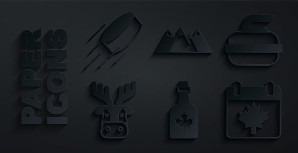 集瓶枫糖浆，石头为冰壶，鹿头与鹿角，加拿大日叶，山脉和冰球图标。向量图片下载