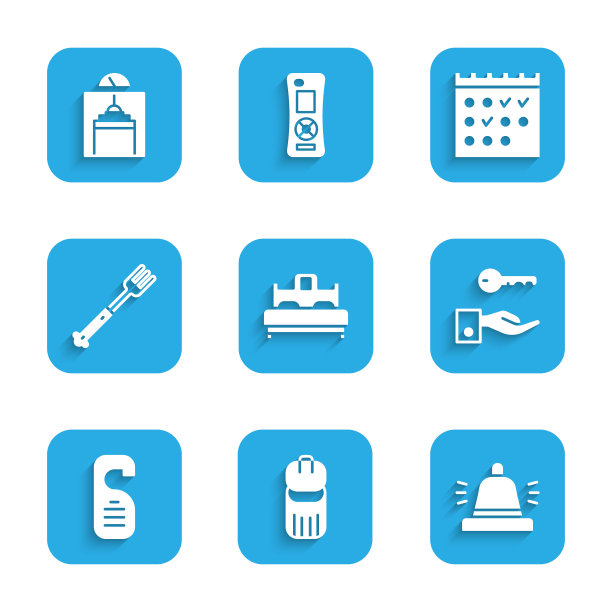 设置卧室，垃圾桶，酒店服务铃，门锁钥匙，请勿打扰，餐叉，预订日历和电梯图标。向量图片下载