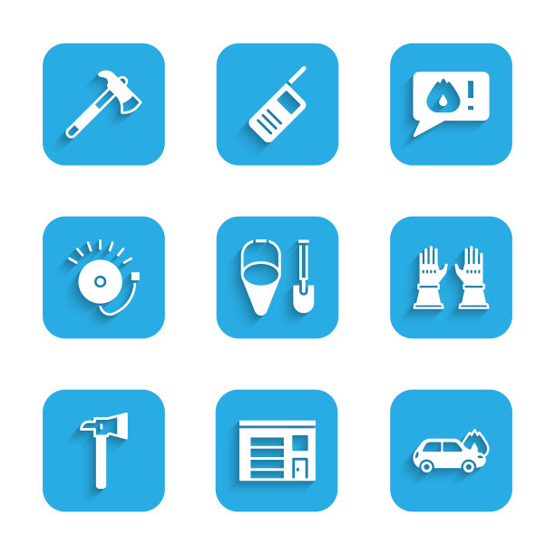 设置消防铲和铲斗，消防站建筑，燃烧的汽车，消防员手套，斧头，响警铃，拨打911电话和图标。向量图片下载