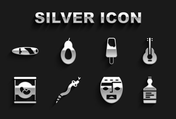 集蛇，墨西哥吉他，龙舌兰酒瓶，阿兹特克面具，豆子，冰棒冰淇淋，雪茄和鳄梨图标。向量图片下载