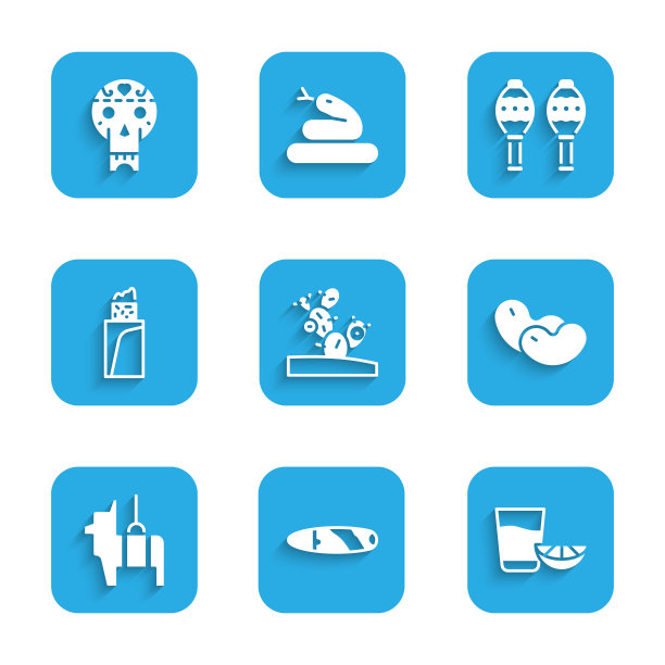 集仙人掌，雪茄，龙舌兰酒玻璃杯柠檬，豆子，皮纳塔，墨西哥卷饼，沙球和墨西哥骷髅图标。向量图片下载