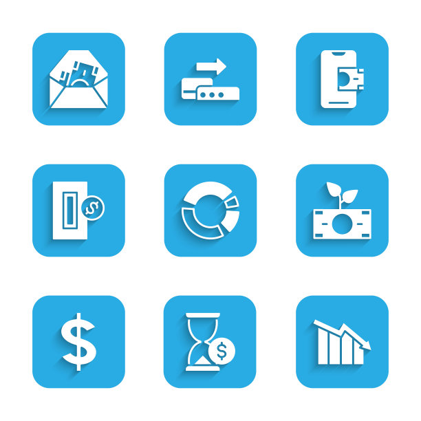 集饼图信息图，沙漏与美元，金融增长减少，金钱种植罐，美元符号，插入硬币，手机银行和信封图标。向量图片下载