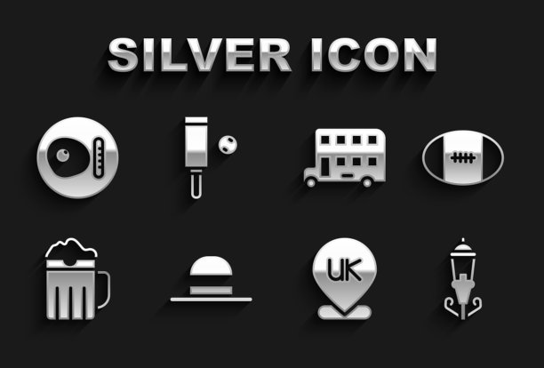 集优雅的妇女帽子，橄榄球，复古路灯，位置英格兰，木制啤酒杯，双层巴士，英式早餐和板球棒图标。向量图片下载