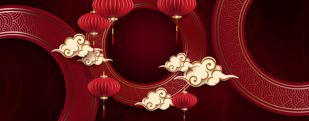 红色纹理插图，圆形框架与空气灯笼图片下载