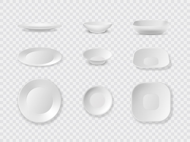 陶瓷盘。现实的板。陶瓷碗。方形餐具。晚餐食物模型。空的圆盘子。厨房用具。宴会服务。不同的视角。矢量餐具组图片下载