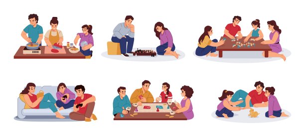 主场比赛。象棋和桌上游戏。一家人一起做饭。孩子们玩拼图游戏。孩子们和爸爸妈妈一起跳舞画画。房内休闲活动设置。矢量插图图片下载