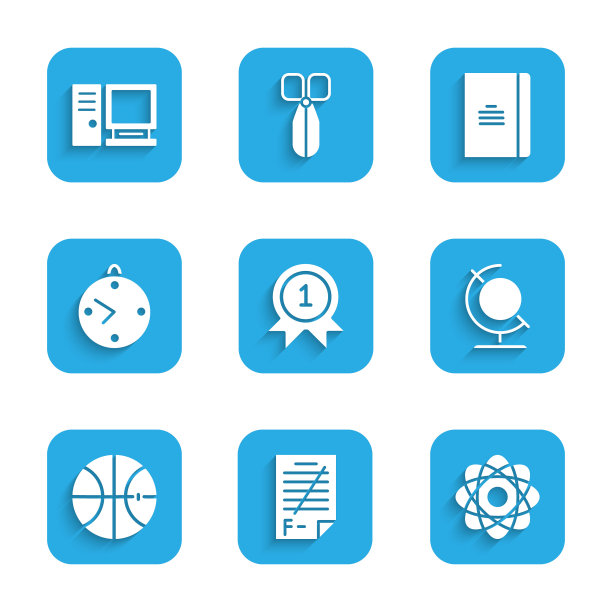设置奖章，试卷与不正确的答案，原子，地球，篮球，时钟，螺旋笔记本和计算机显示器图标。向量图片下载