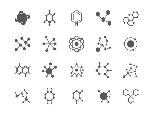 化学图标，分子式，原子结构。离子分子，生物蛋白和dna模型，化学细胞。实验室研究。标志黑色元素。矢量医学象形文字标志集图片下载