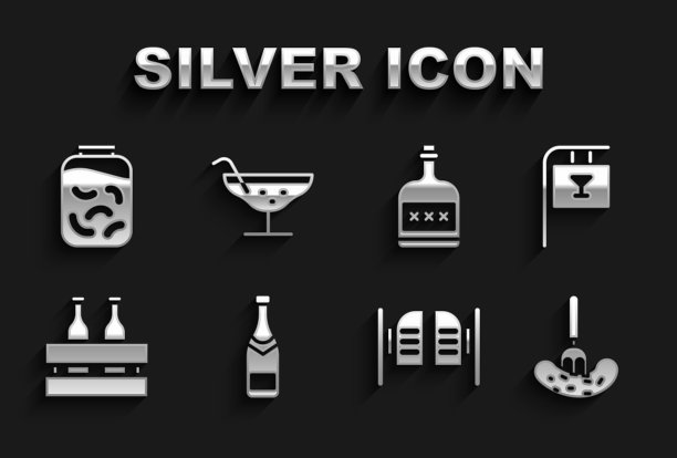 设置香槟瓶，街道招牌酒吧，腌黄瓜叉，酒吧门，包装啤酒瓶，酒精饮料朗姆酒，黄瓜罐和鸡尾酒图标。向量图片下载