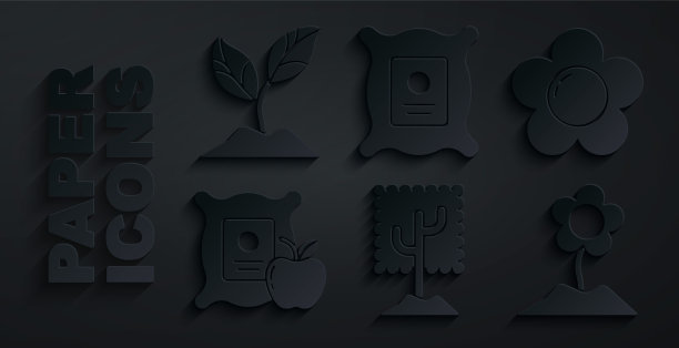 集树，花，苹果在麻袋里，装满种子的植物和植物图标。向量图片下载