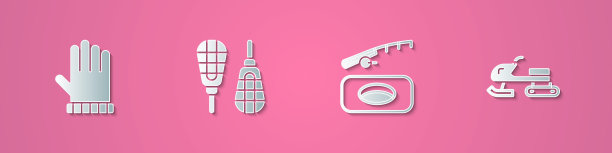 集剪纸圣诞手套，雪鞋，冬季钓鱼和雪地摩托图标。纸艺风格。向量图片下载