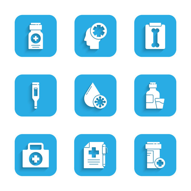 设置血液测试和病毒，医疗处方笔，药瓶，药瓶糖浆，急救箱，数字温度计，x光镜头和图标。向量图片下载