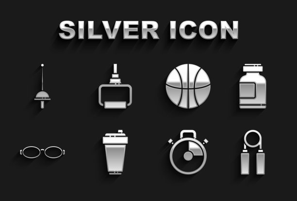 集健身震动器，运动营养，膨胀，秒表，眼镜游泳，篮球，击剑和TPX循环训练设备图标。向量图片下载