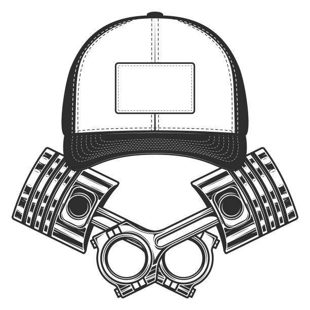 发动机活塞和棒球帽在白色背景孤立单色插图图片下载