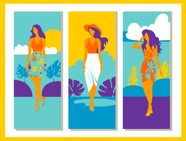 一套海报和明信片在groovy风格与明亮的迷幻色彩。三个女人在热带海滩。图片下载