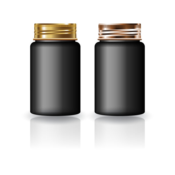 黑色圆形补品，药瓶与金-铜螺旋盖模拟模板。图片下载