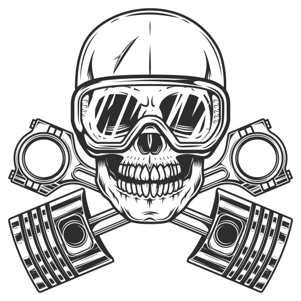 摩托车骑手在施工安全眼镜和交叉发动机活塞服务修理摩托车，汽车和卡车业务在老式单色隔离矢量插图图片下载