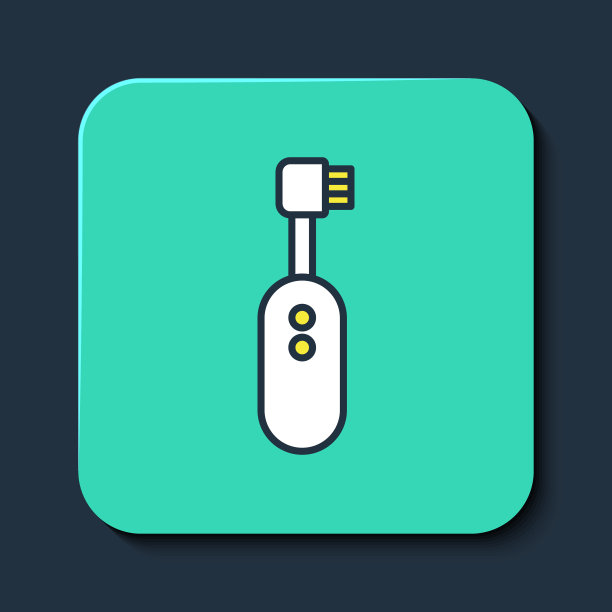 填充轮廓电动牙刷图标隔离在蓝色背景。绿松石方形纽扣。向量图片下载
