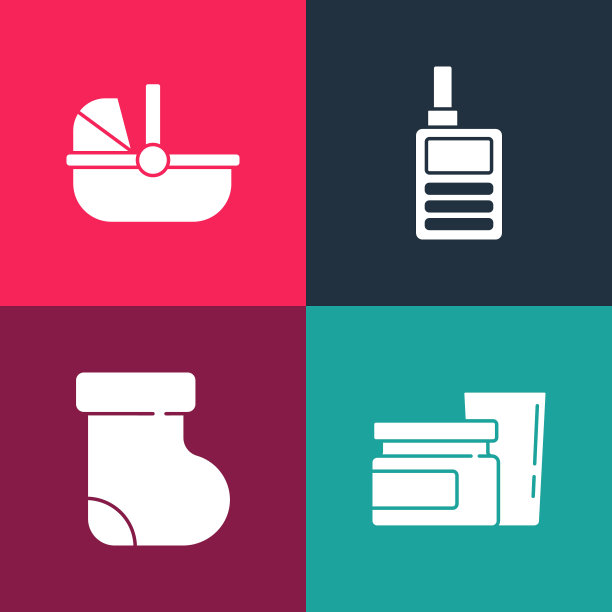 设置波普艺术婴儿食品，袜子衣服，监视器对讲机和婴儿车的图标。向量图片下载