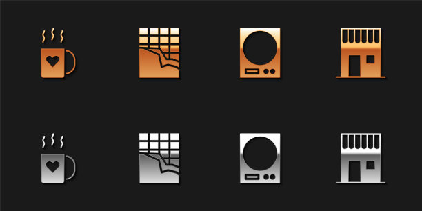 设置咖啡杯和心脏，巧克力棒，电子秤和商店图标。向量图片下载